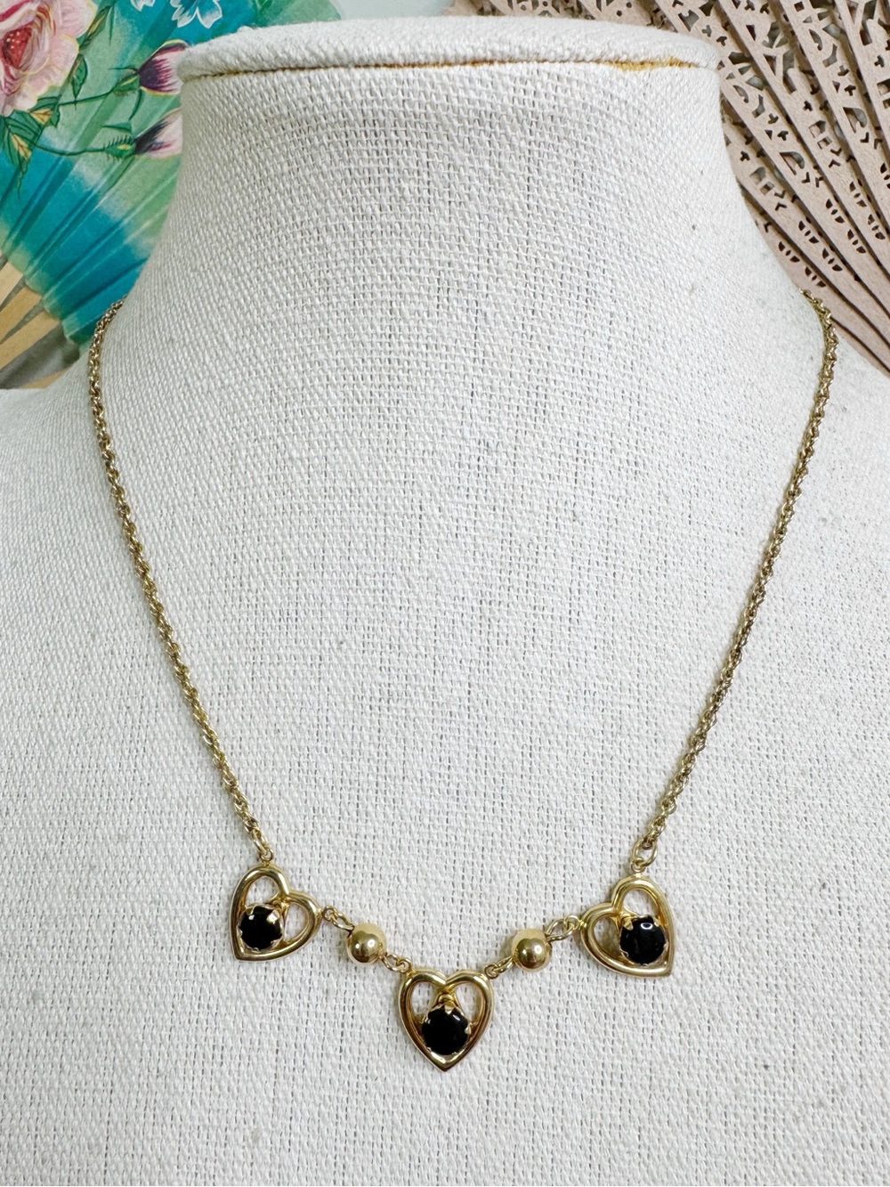 Vintage Gold Heart Necklace with Black Accents